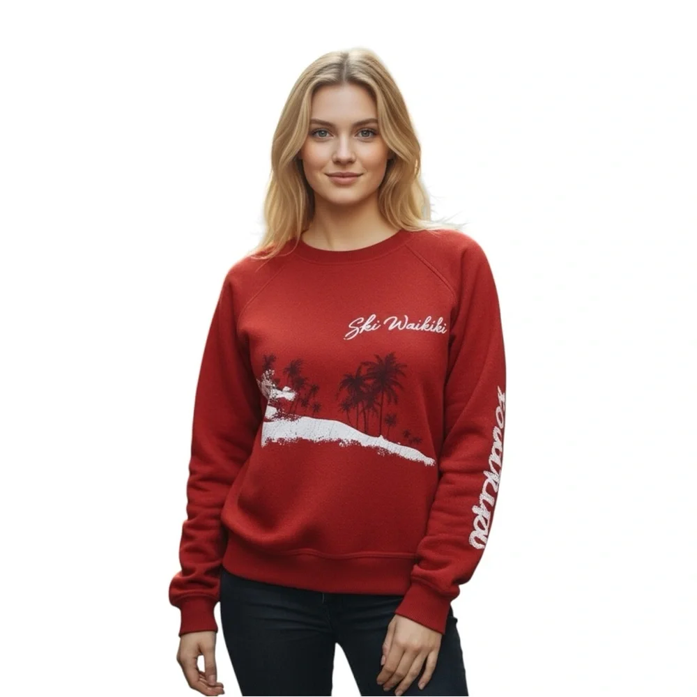 Faherty XS Red Graphic Ski Waikiki Sweatshirt Pullover Crewneck Cotton Blend - Picture 1 of 11